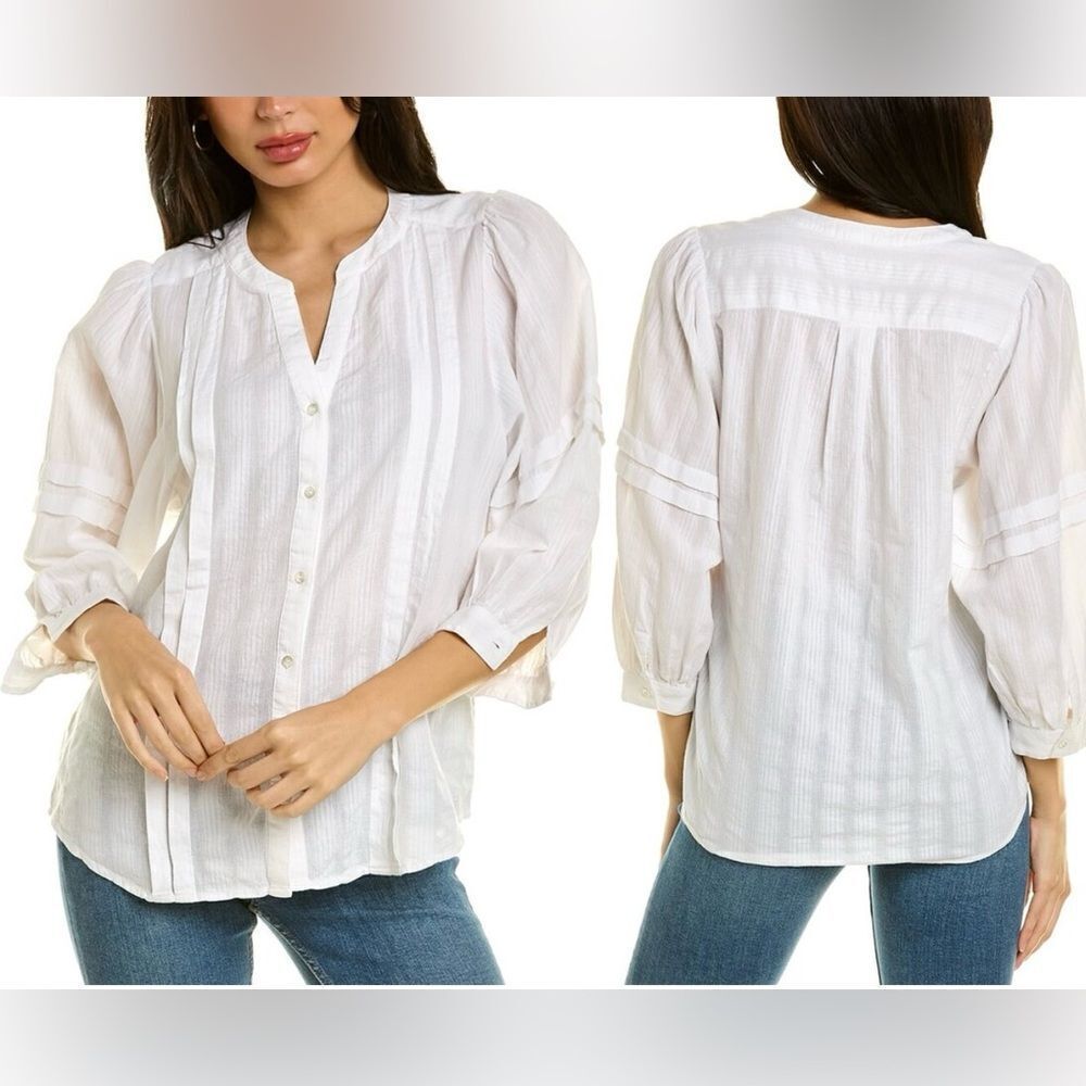 J. Mclaughlin Laramie 3/4 Sleeve Split Neck Blouse Top In White Size L